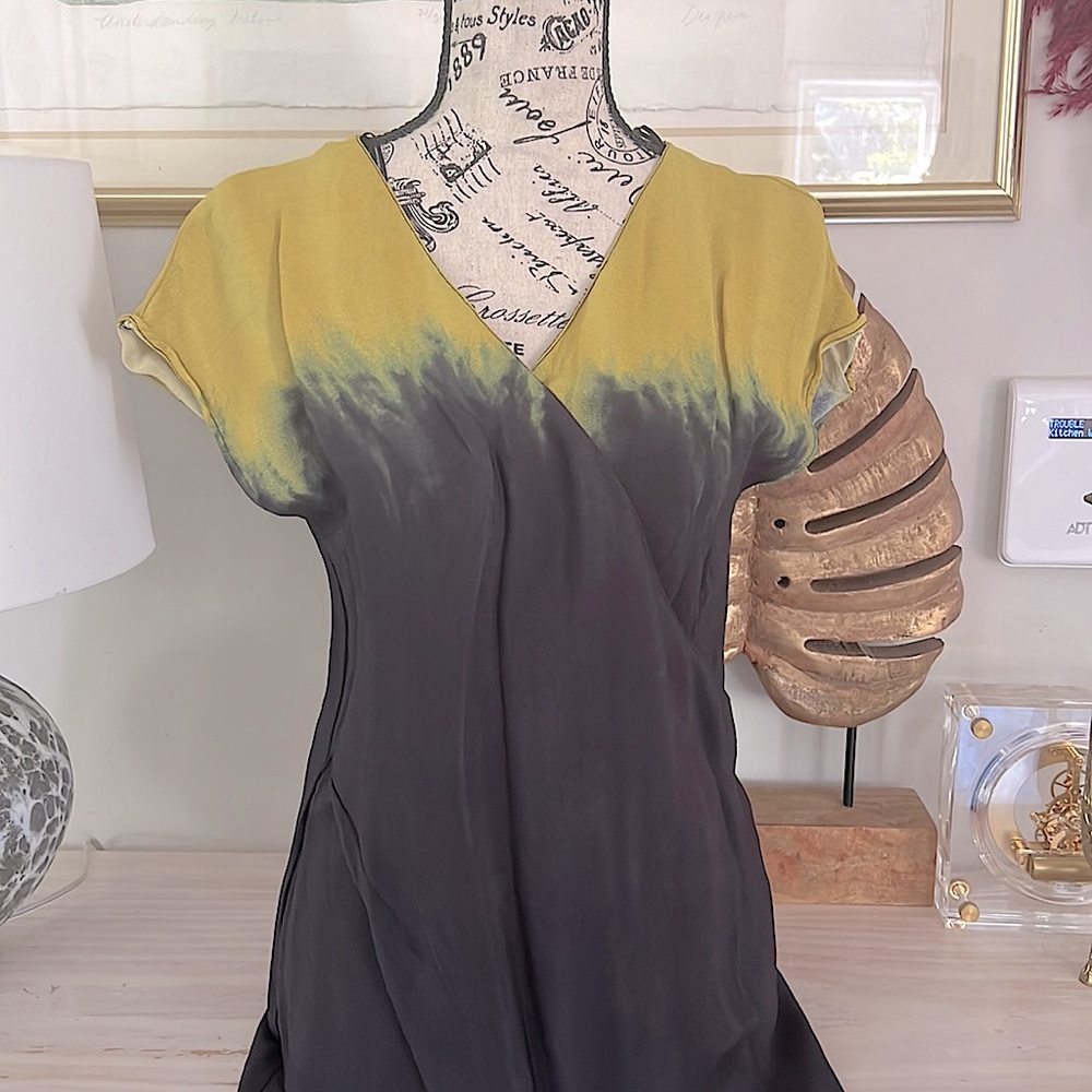 ZARA Ombre Tie Dye Wrap Midi Dress Asymmetrical Hem Yellow Navy - Picture 4 of 6